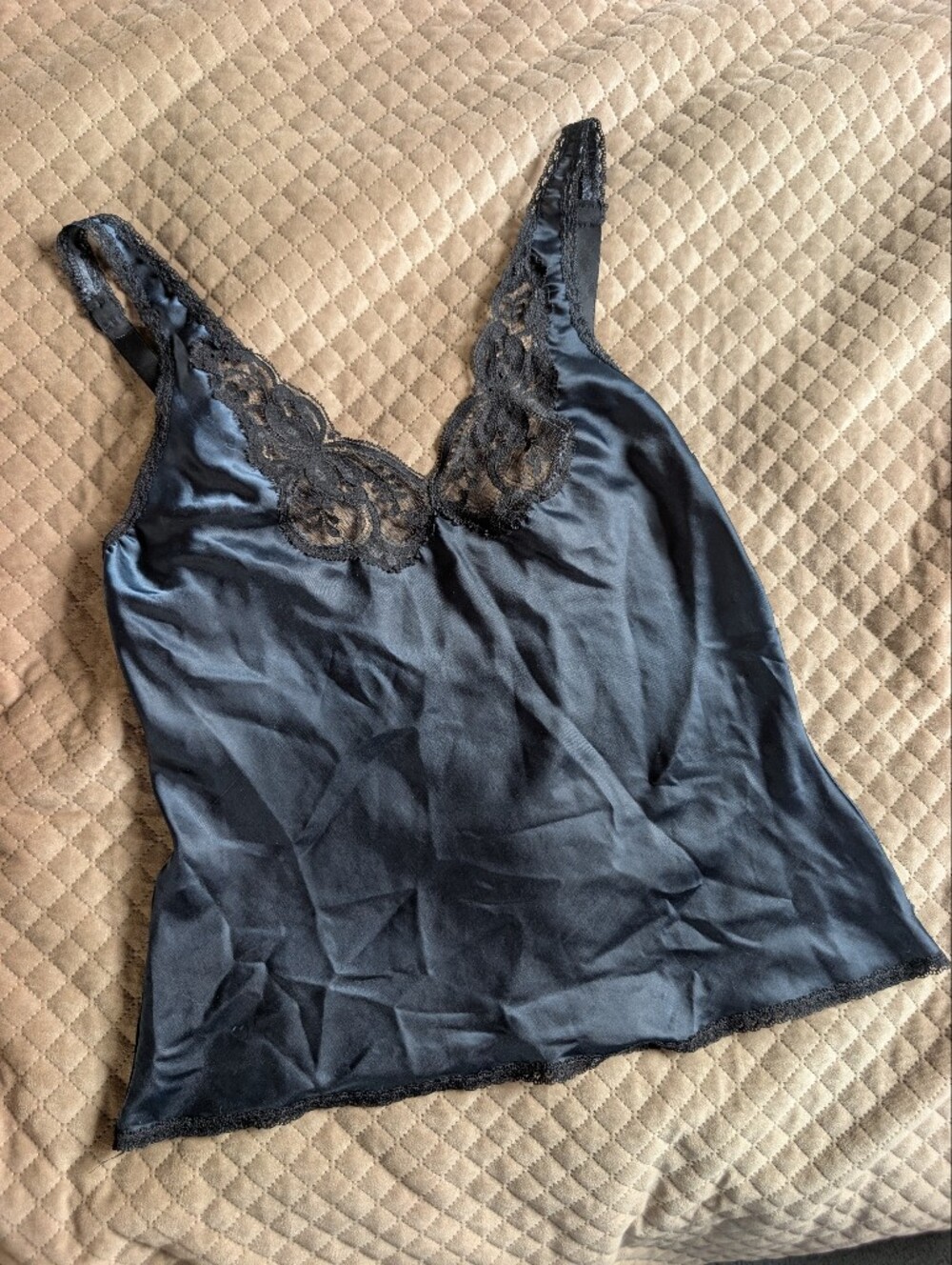 Vintage 60s Satin Lace Trim Cami Tank Top in Dark Grey By Wonder Maid